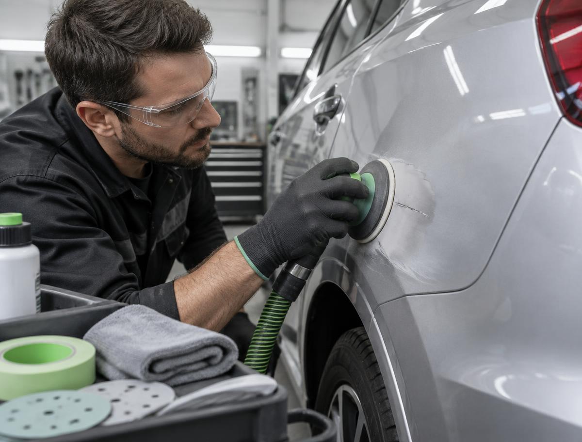 Technician preparing vehicle paintwork